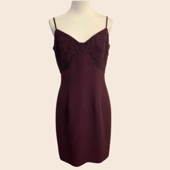 Vintage Burgundy Black Beaded Cocktail Dress from Andrea Polizzi for Rex Lester - Picture 1 of 12